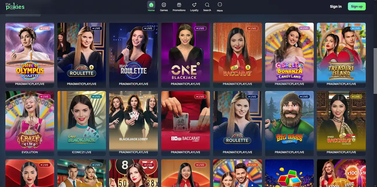 ThePokies Casino live dealer casino lobby powered by Evolution Gaming